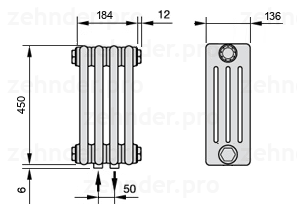 Схема (чертеж) Радиатор Zehnder Charleston 4045/4 №3470 Белый глянцевый RAL 9016